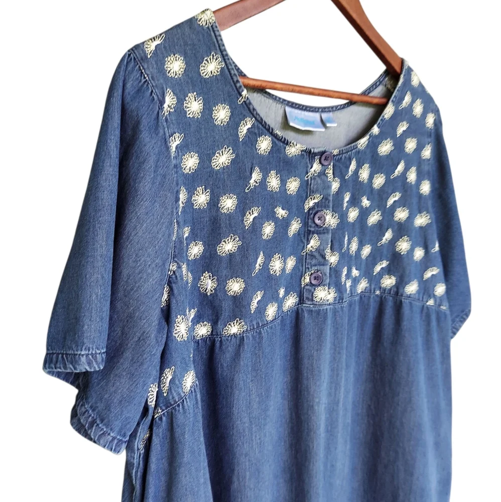 Vinrage 90's Floral Embroidered Denim Cotton Maxi Dress - Picture 2 of 6
